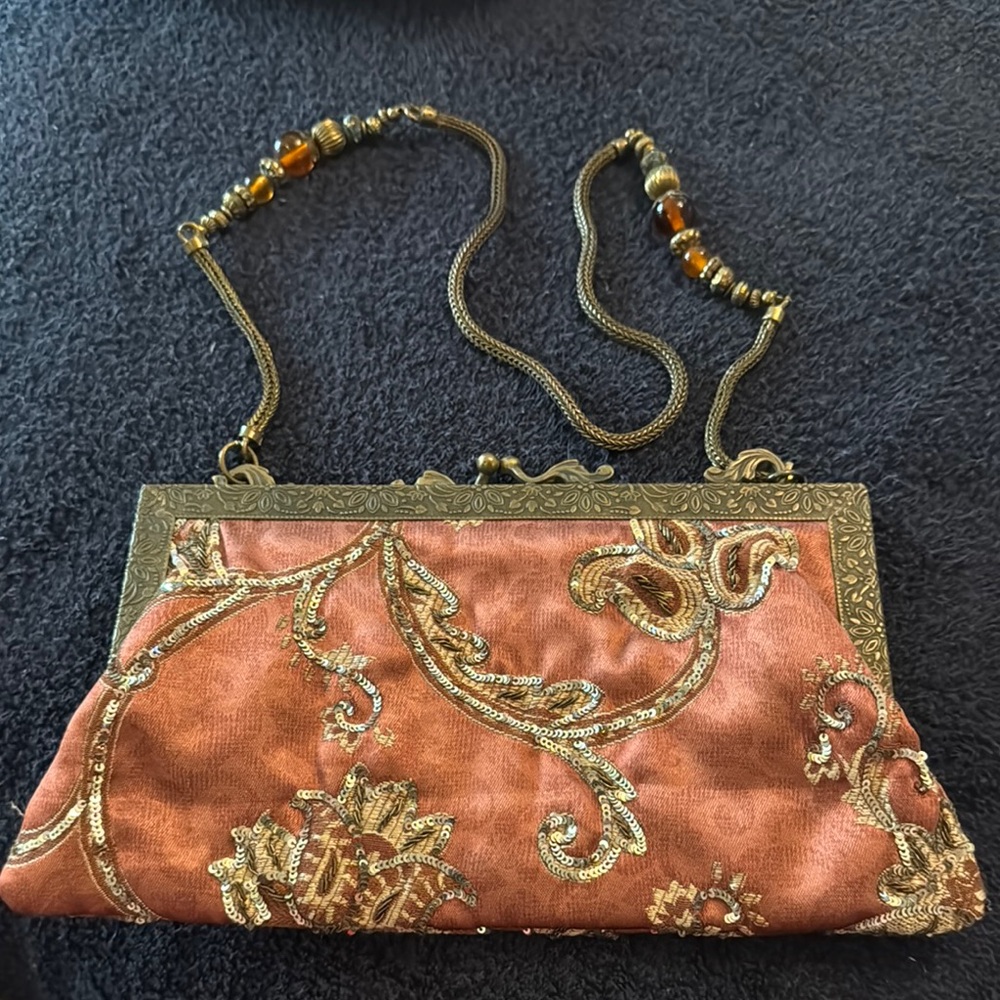 Gold and Brown Embroidered Clutch with Chain Strap